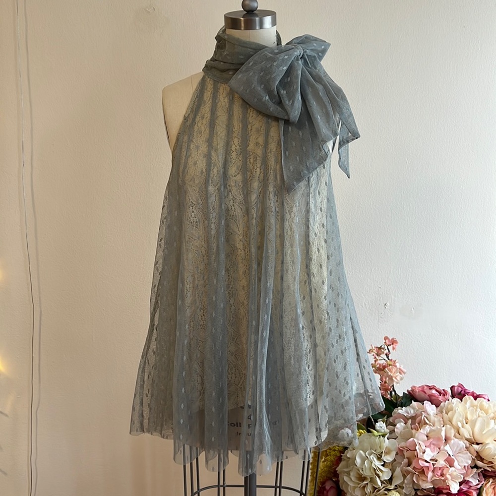 Mix media tulle and lace sleeveless bow blouse